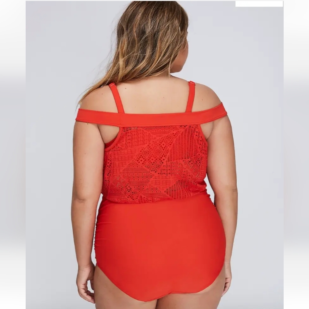 Cacique Swim Bandeau Off Shoulder Crochet Blouson One Piece Swimsuit NEW - Picture 4 of 7